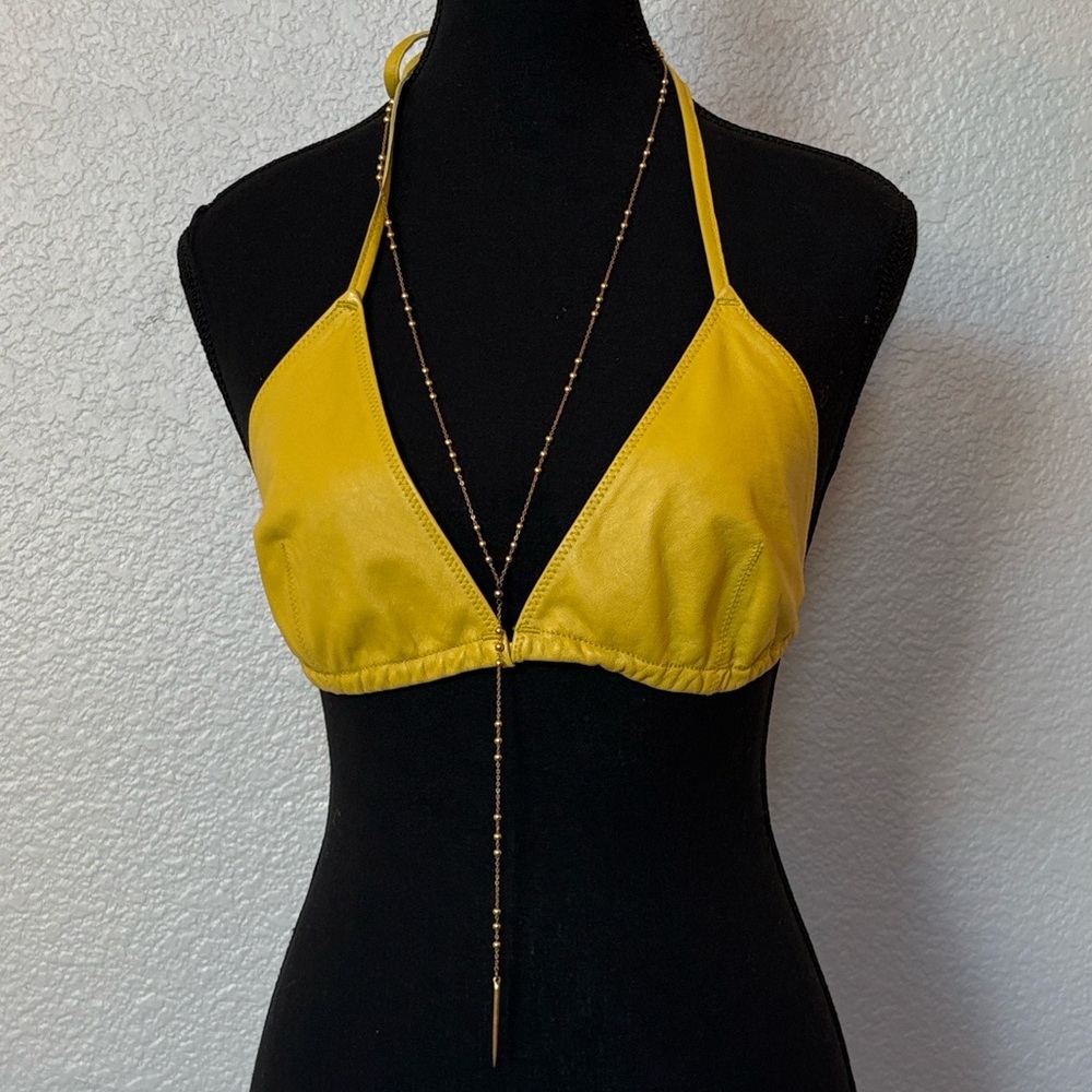 J Crew-Genuine Leather Yellow Halter Bikini Top, Rare Edition, Boho Style size L